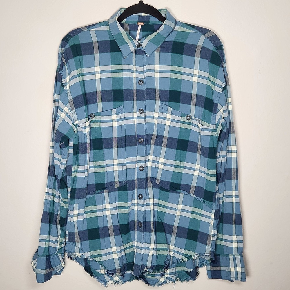 Free People Womens Small Love Land Blue Plaid Button Up Shirt Farmcore‎ Western